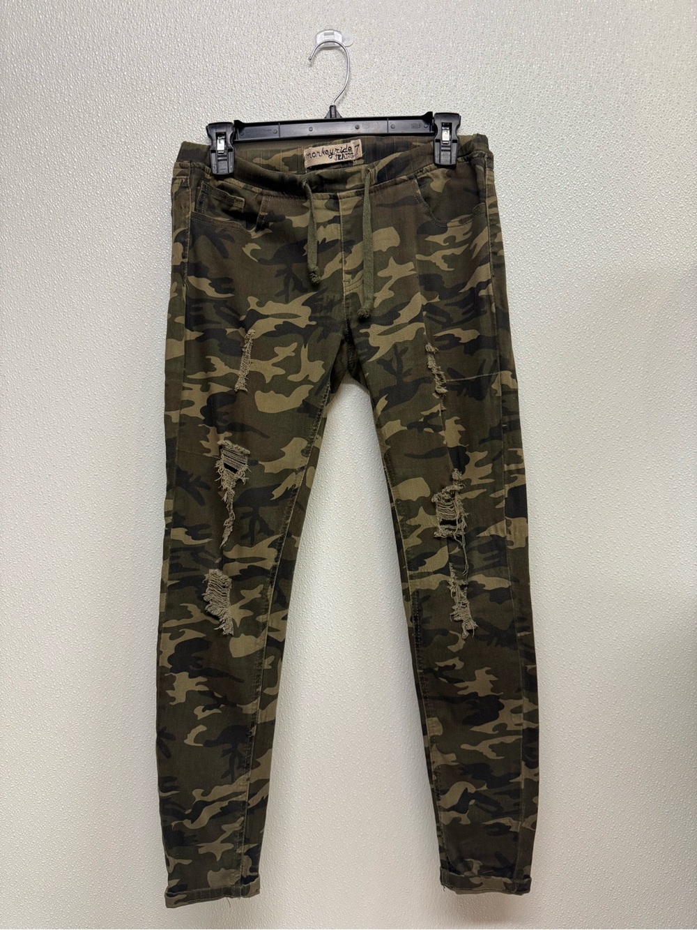 Monkey Ride Camo Distressed Slim Jeans- Olive Green Camouflage Sz 7